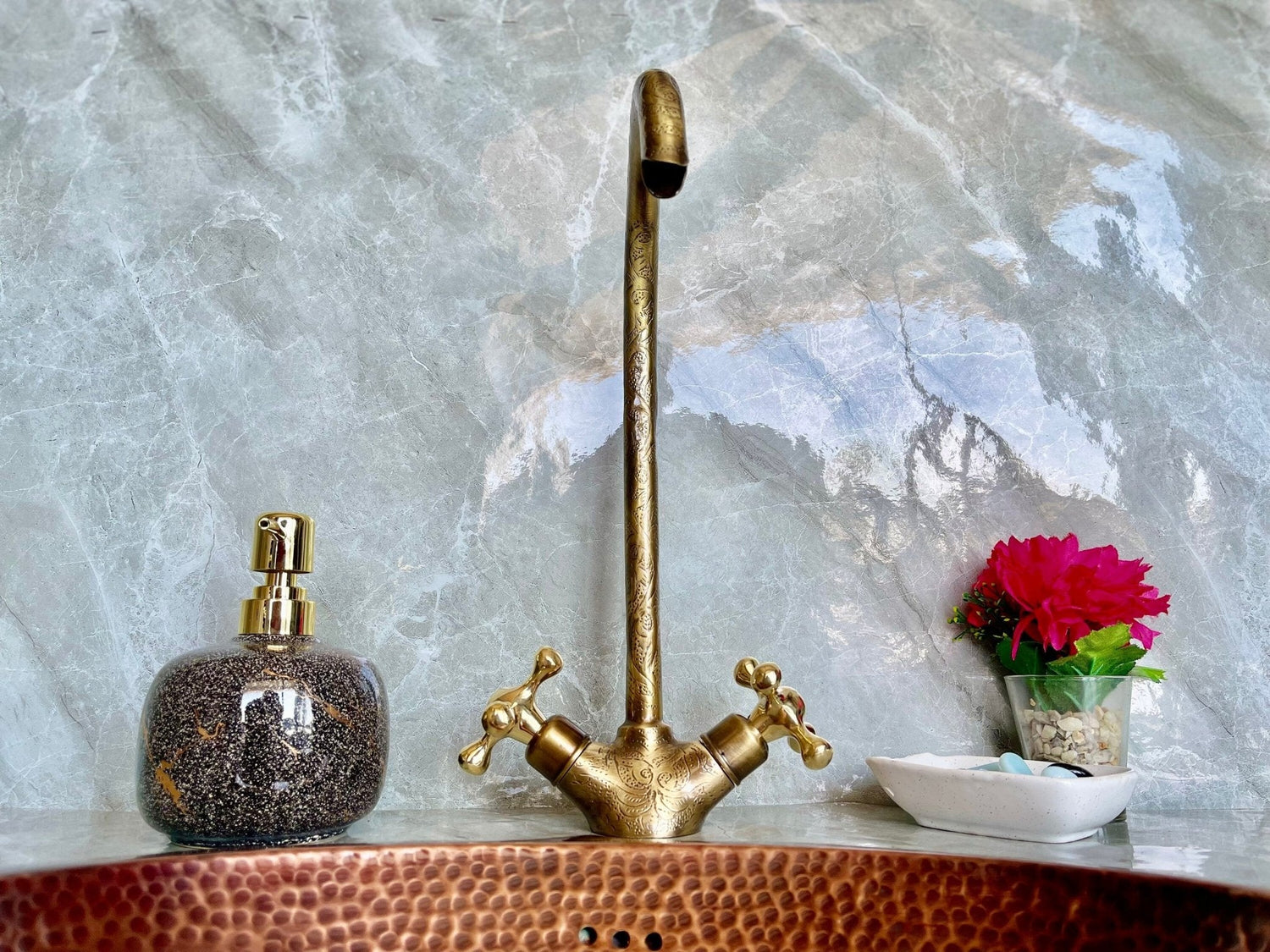 Engraved Unlacquered Brass Gooseneck Faucet - Single Hole Tap
