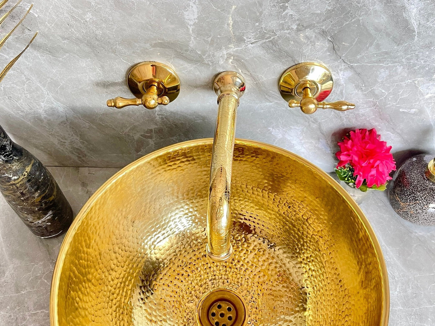 Engraved Unlacquered Brass Wall Mount Faucet - Cross Handle Set