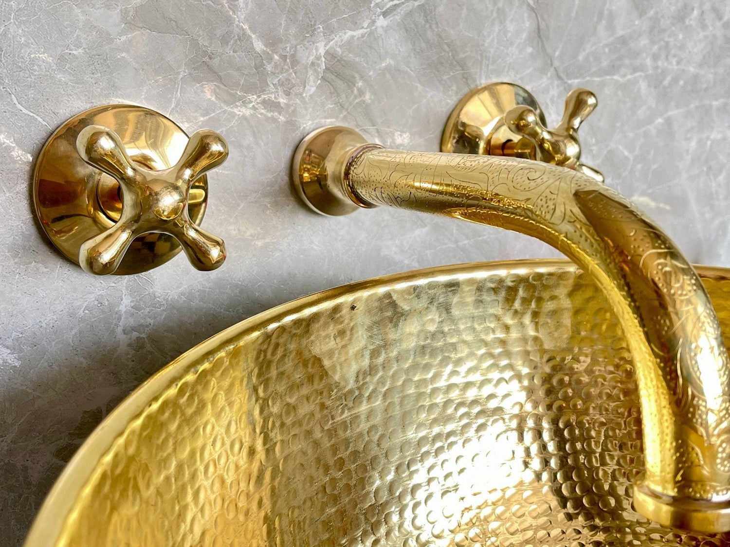 Engraved Unlacquered Brass Wall Mount Faucet - Cross Handle Set