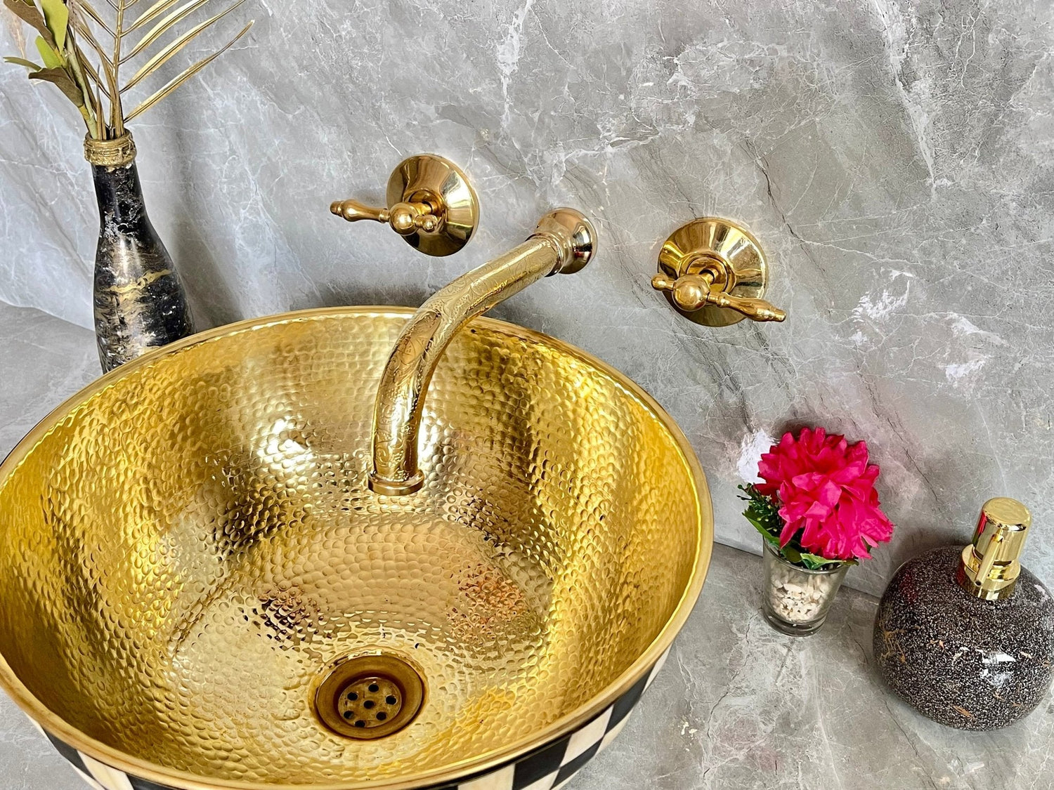 Engraved Unlacquered Brass Wall Mount Faucet - Cross Handle Set