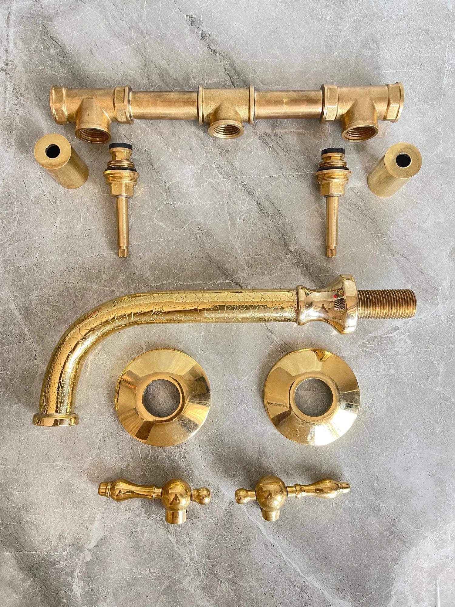Engraved Unlacquered Brass Wall Mount Faucet - Cross Handle Set