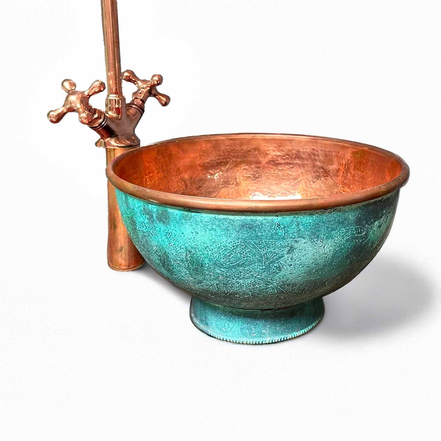 Engraved Oxidized Copper Bathroom Sink with Copper Faucet