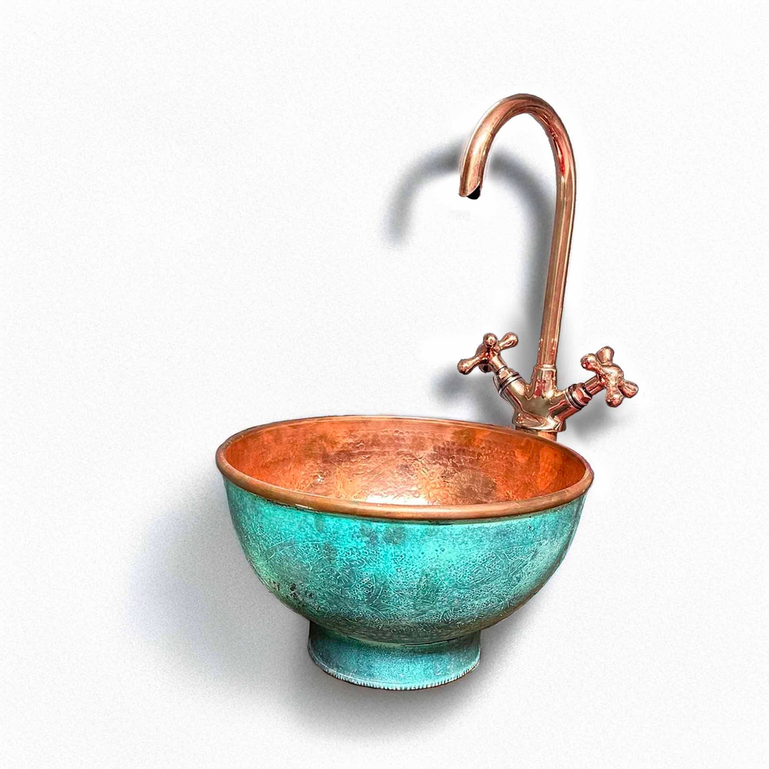 Engraved Oxidized Copper Bathroom Sink with Copper Faucet
