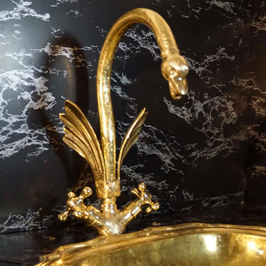 Close-up view of the elegant Gooseneck Brass Swan Faucet spout, showcasing intricate handcrafted details