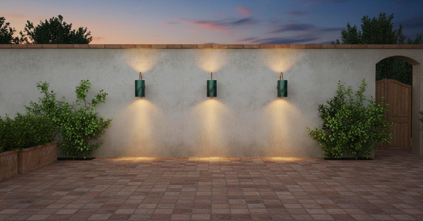 Green Patina Brass Cylinder Wall Sconce - Curved Arm Light