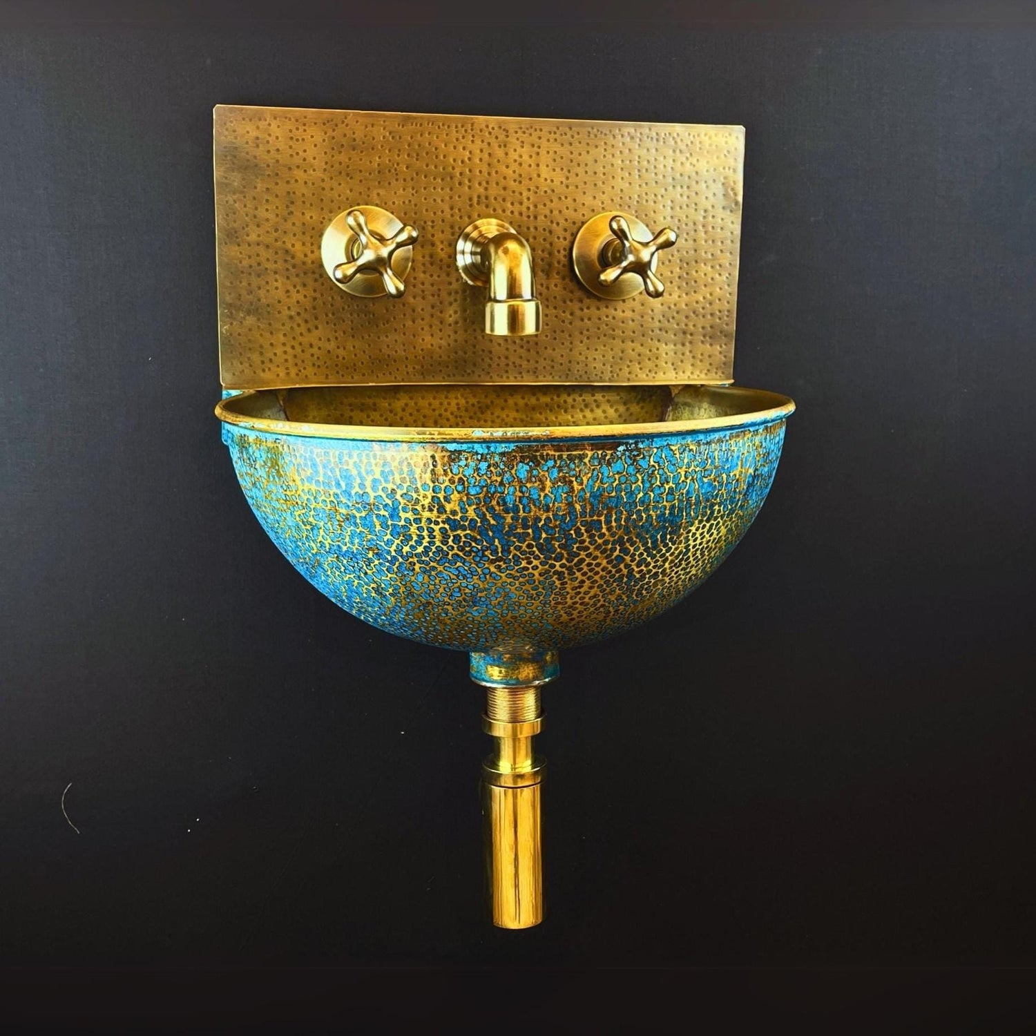 Green Patina Brass Wall Mount Sink: Handcrafted Rustic Bathroom Fixture