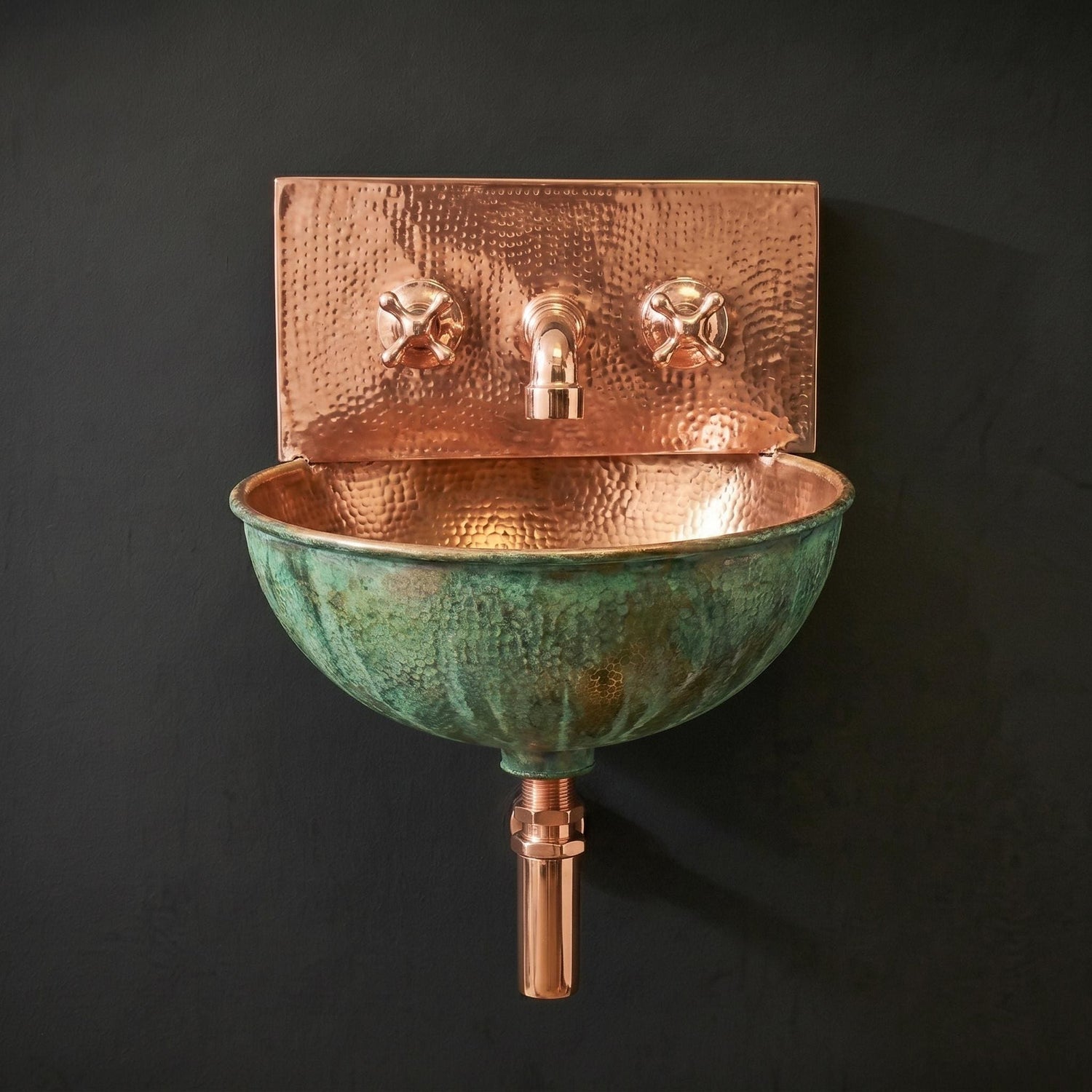 Green Patina copper Wall Mount Sink: Handcrafted Rustic Bathroom Fixture
