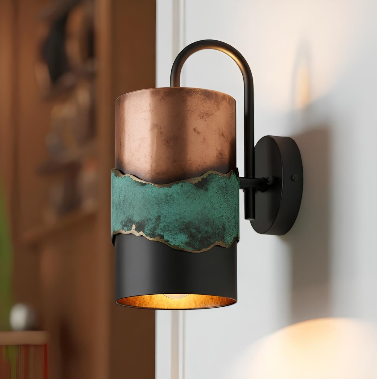 Green Patina Copper Wall Sconce - Rustic Cylinder Outdoor Light
