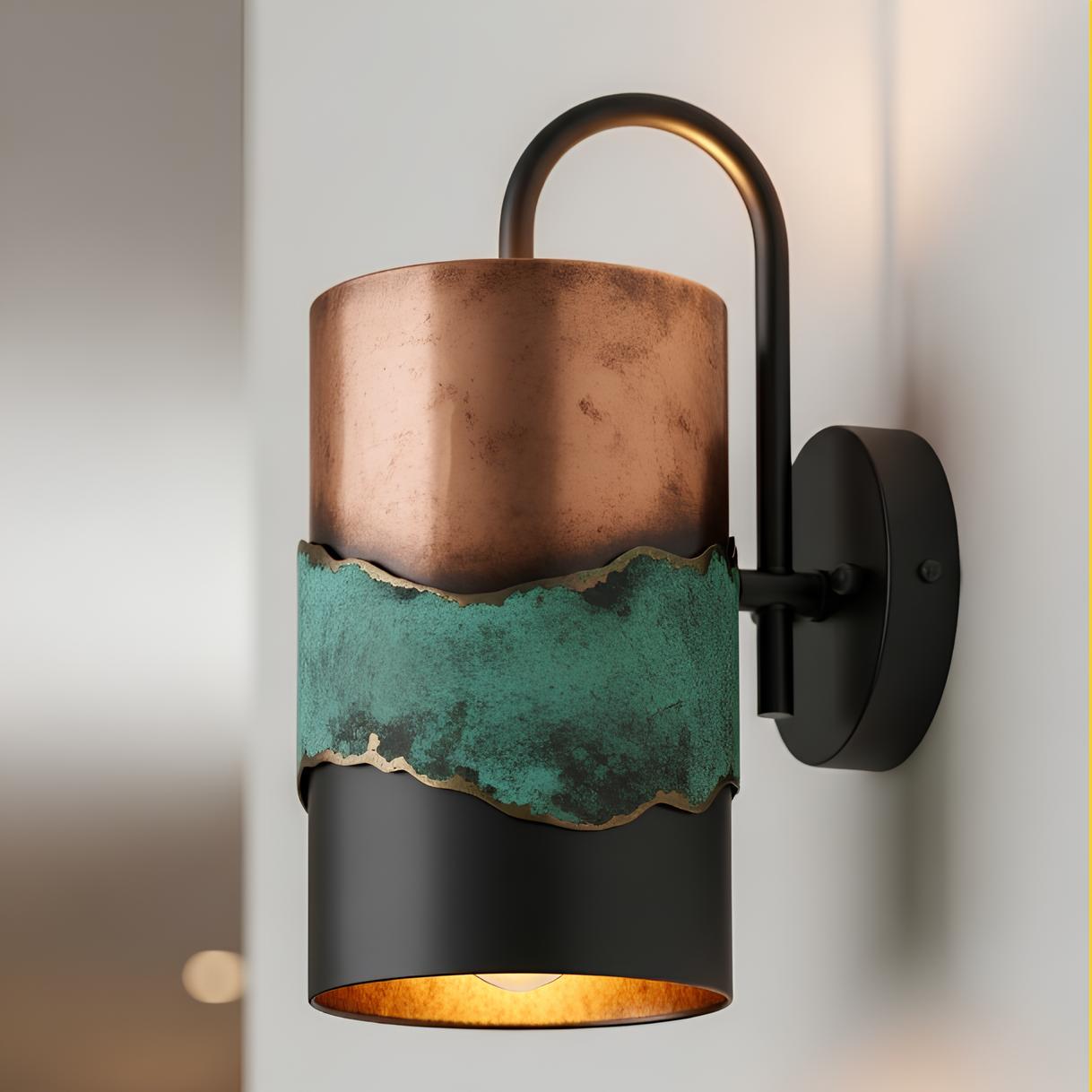 Green Patina Copper Wall Sconce - Rustic Cylinder Outdoor Light