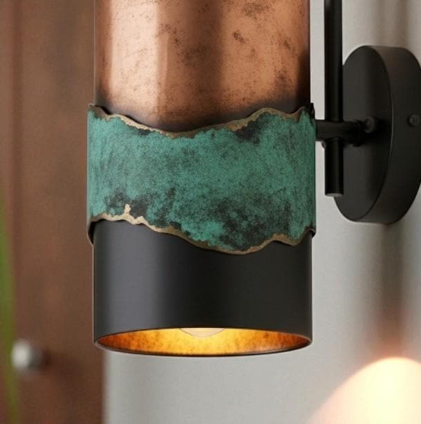 Green Patina Copper Wall Sconce - Rustic Cylinder Outdoor Light
