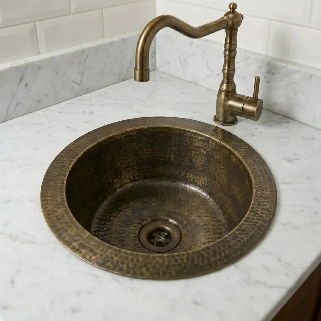 Hammered Antique Brass Bar Sink with Aged Patina Finish