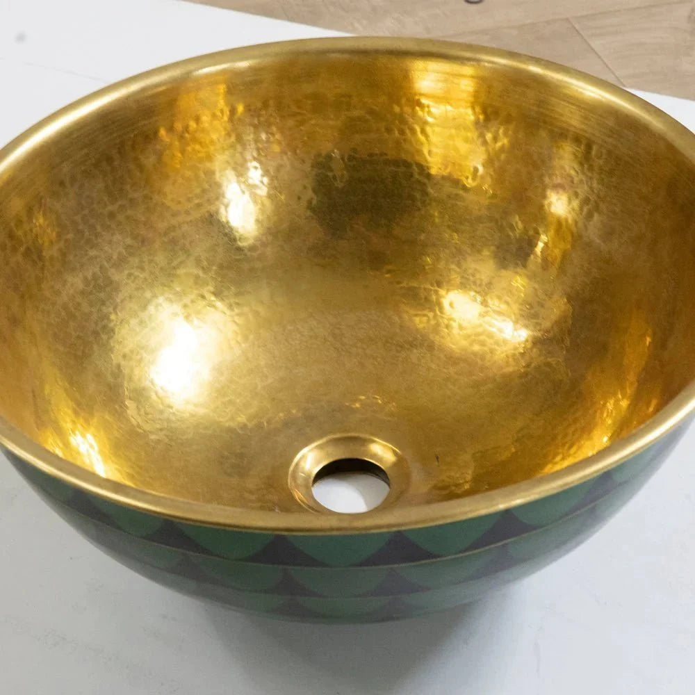 Vintage Hammered Brass Vessel Sink with Wooden Accents