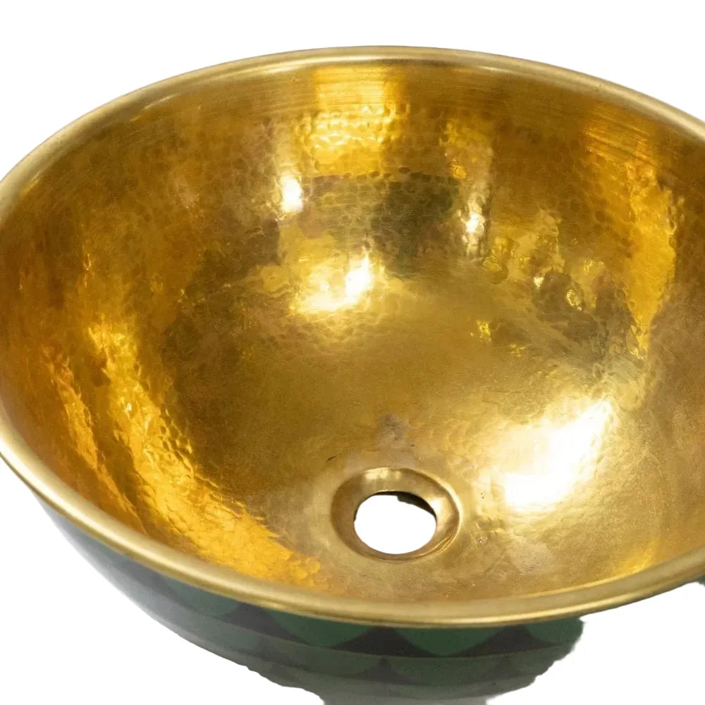 Vintage Hammered Brass Vessel Sink with Wooden Accents
