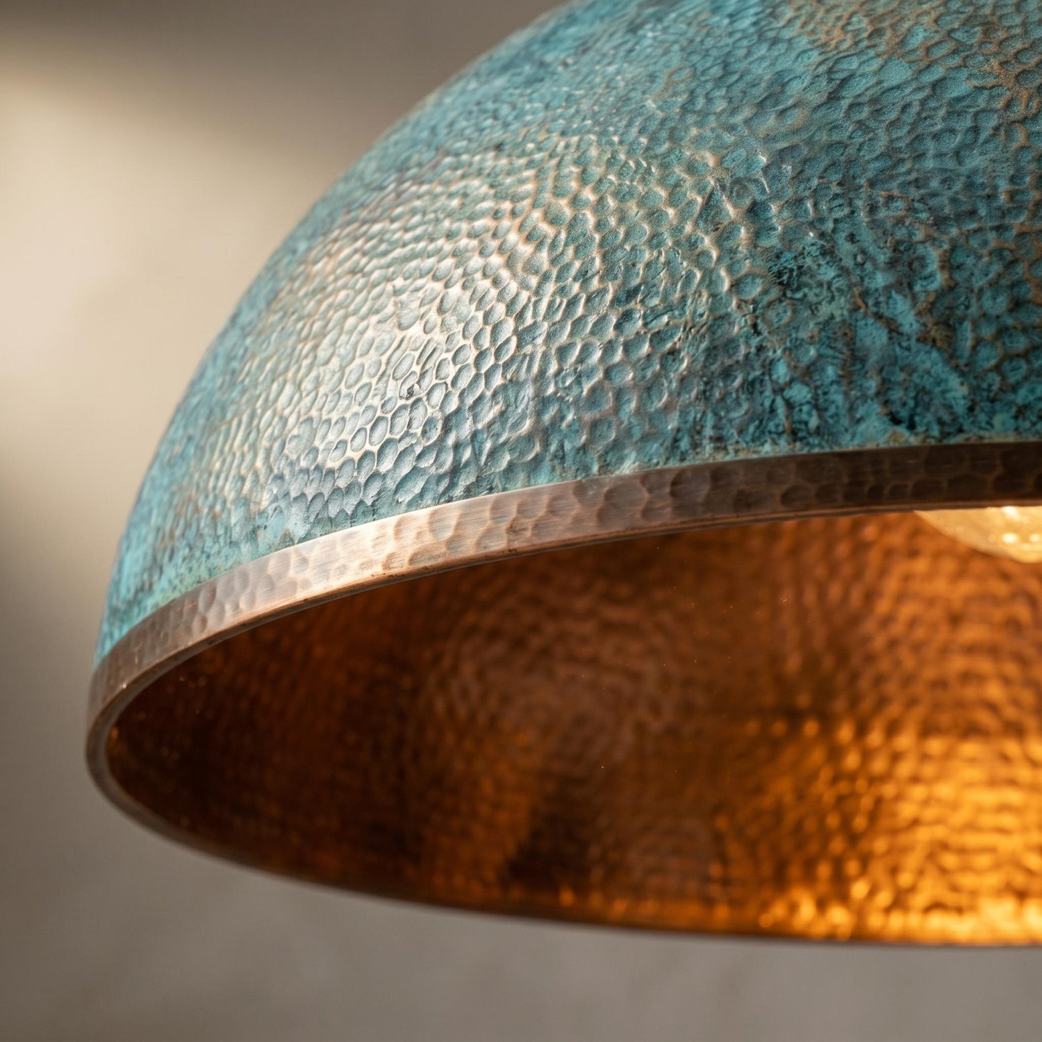 Hammered Brass Dome Pendant Light - green patina Industrial Ceiling Lamp
