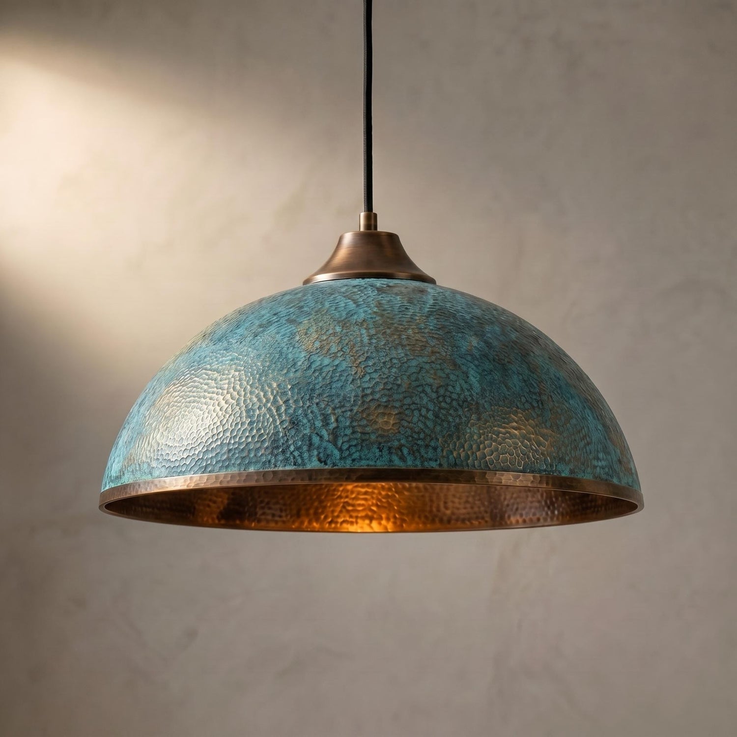 Hammered Brass Dome Pendant Light - green patina Industrial Ceiling Lamp
