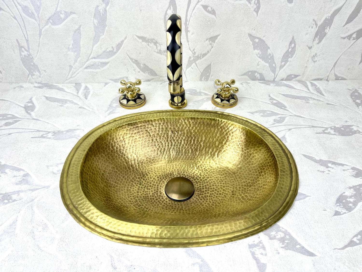 Hammered Brass Drop-In Sink & Faucet Set - Resin & Bone Inlay