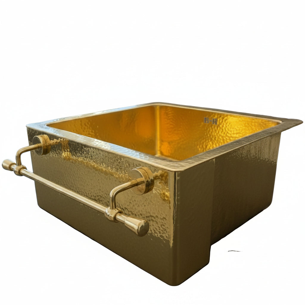Hammered Brass Farmhouse Sink with Apron and Towel Bar