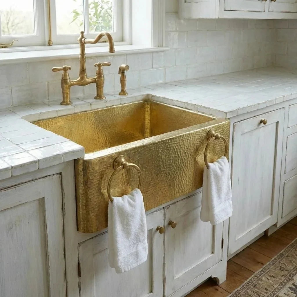 Handmade Brass Apron Front Farmhouse Kitchen Sink with Towel Rings