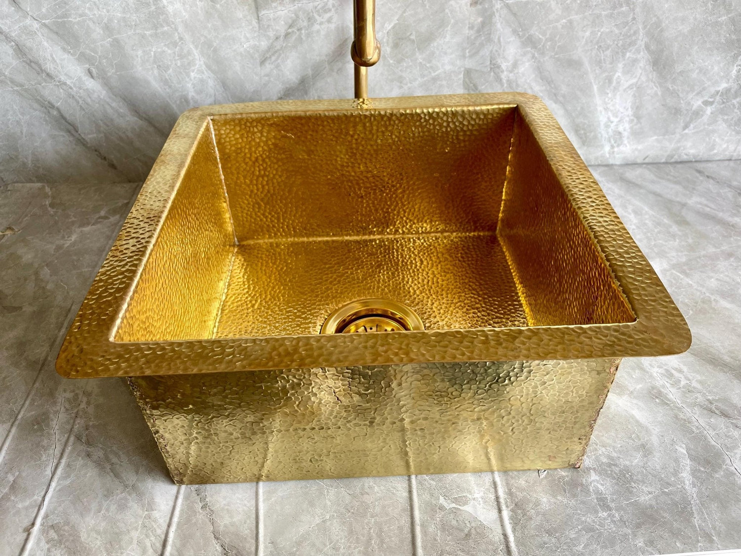 Hammered Brass Square Farmhouse Sink - Unlacquered Drop-in Basin