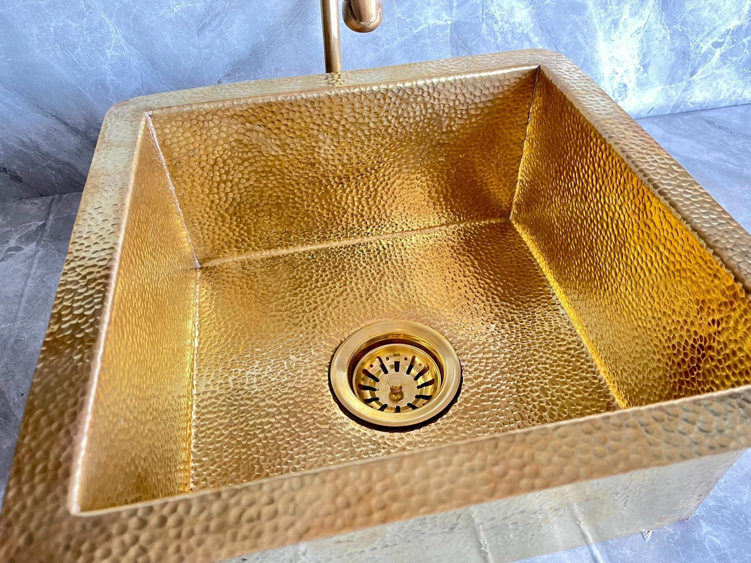 Hammered Brass Square Farmhouse Sink - Unlacquered Drop-in Basin