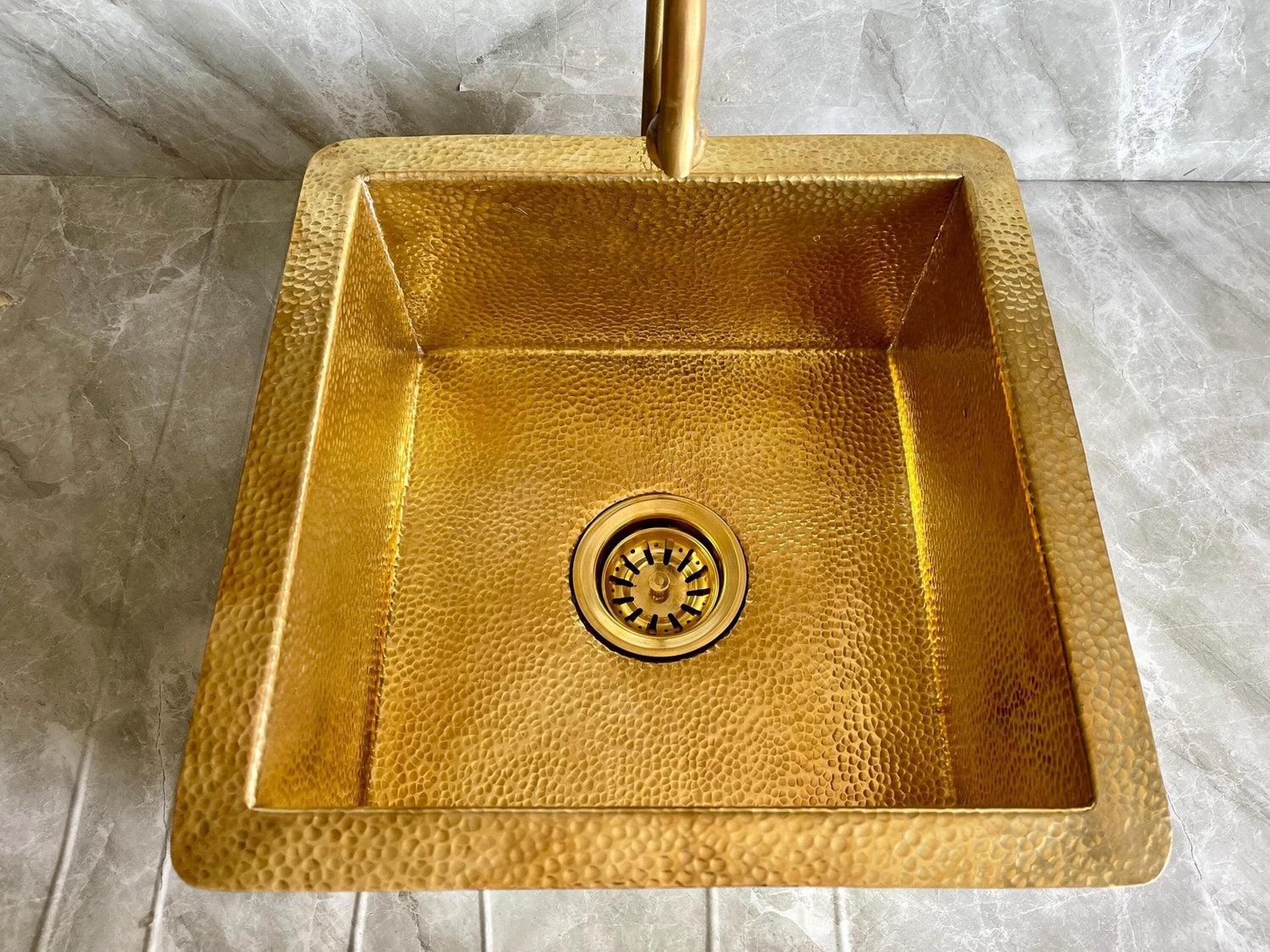 Hammered Brass Square Farmhouse Sink - Unlacquered Drop-in Basin