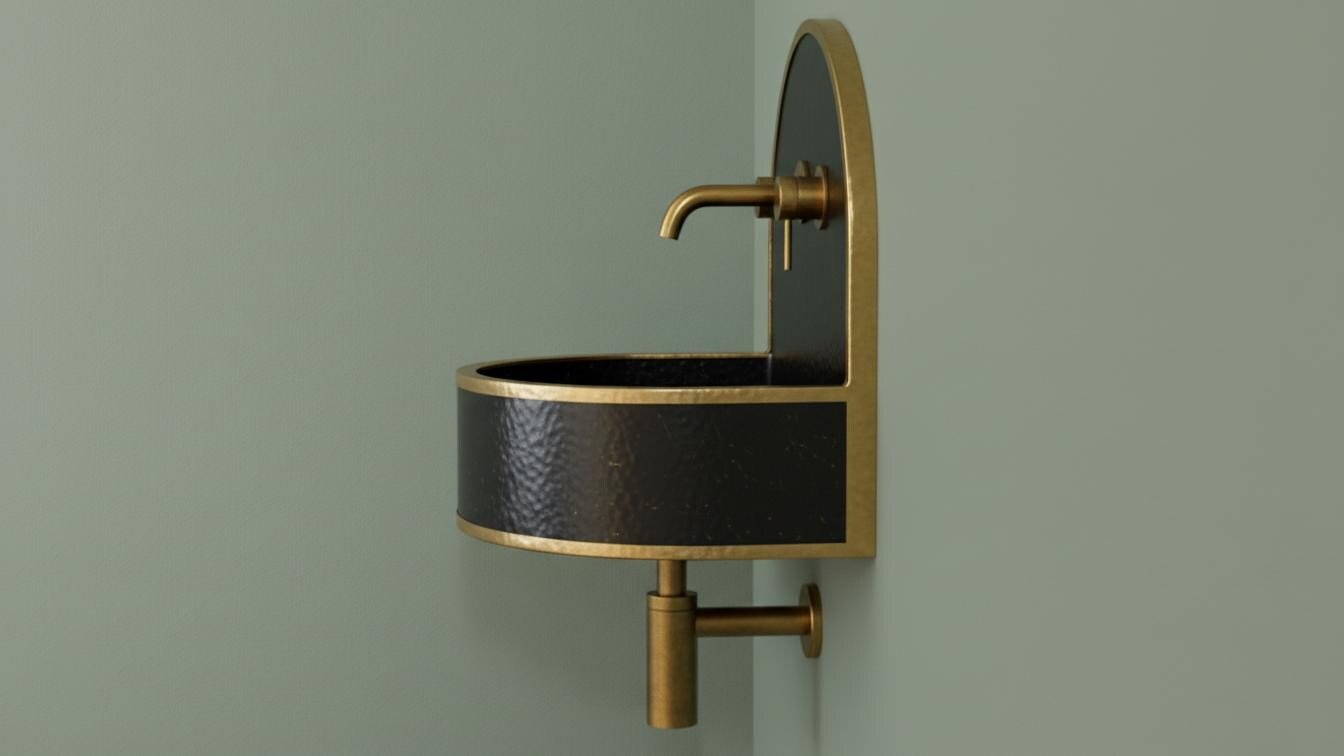 Hammered Brass Wall Mount Sink - Black Patina Floating Basin