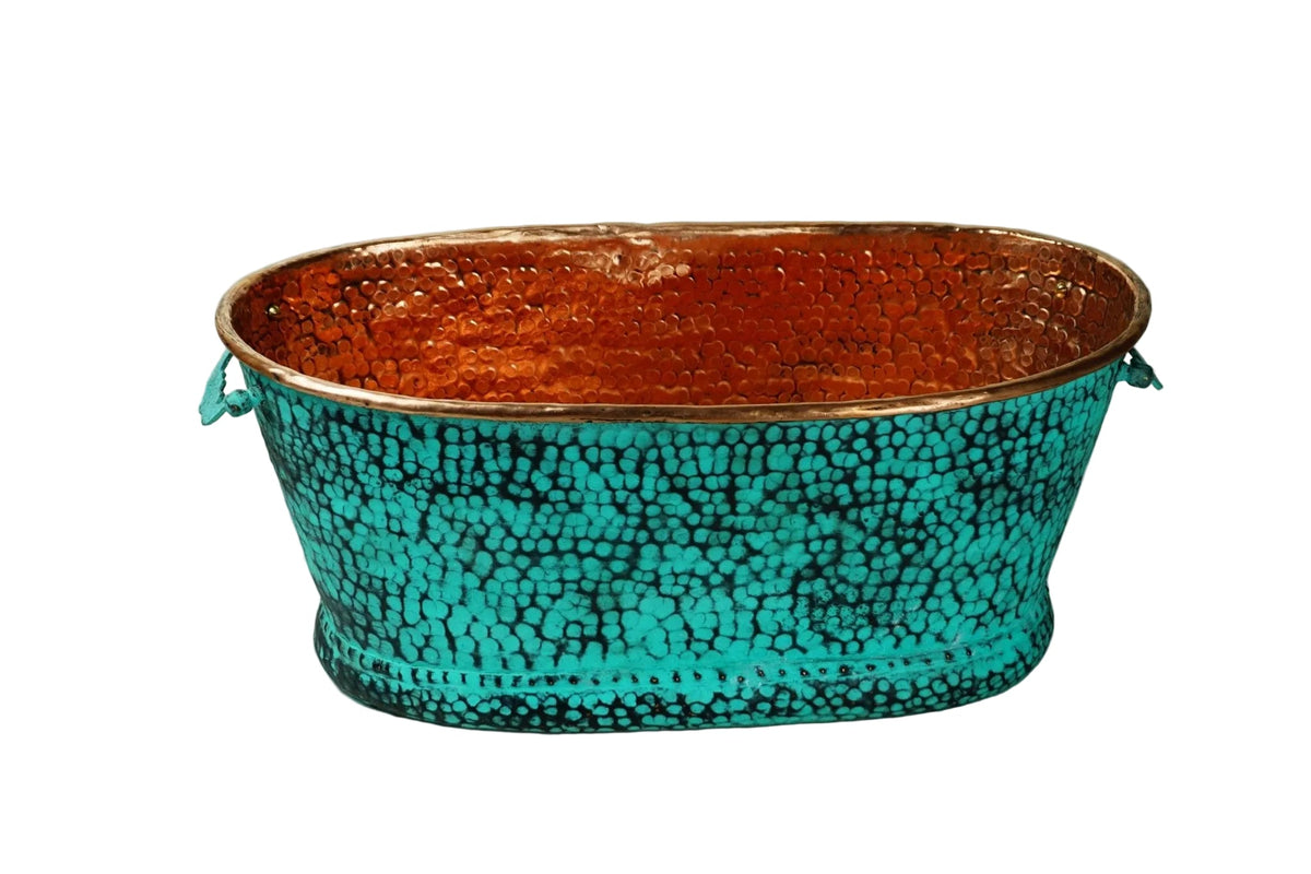 Hammered Copper Beverage Tub – Oval Ice Bucket with Verdigris Patina & Handles