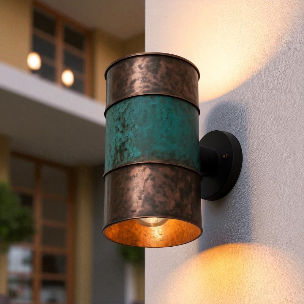 Hammered Copper Cylinder Wall Sconce - Green Patina Band