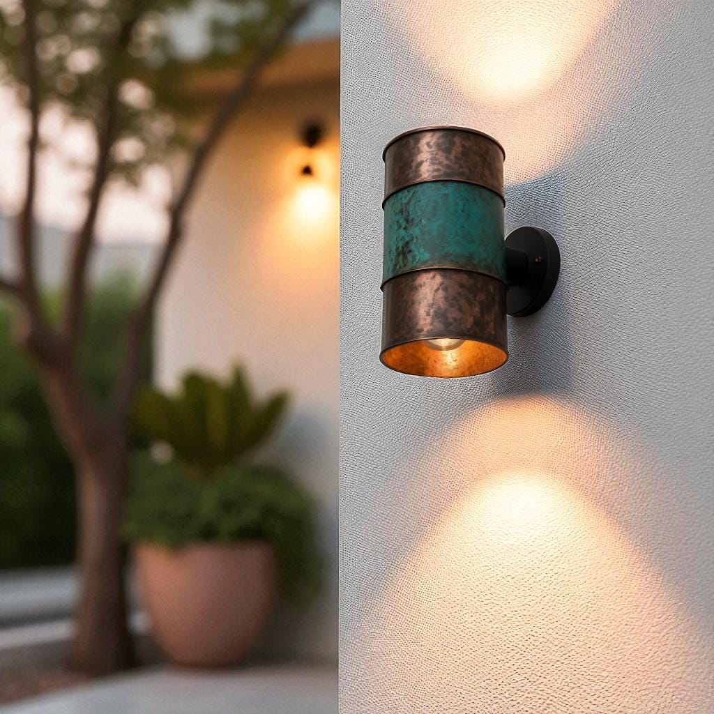 Hammered Copper Cylinder Wall Sconce - Green Patina Band