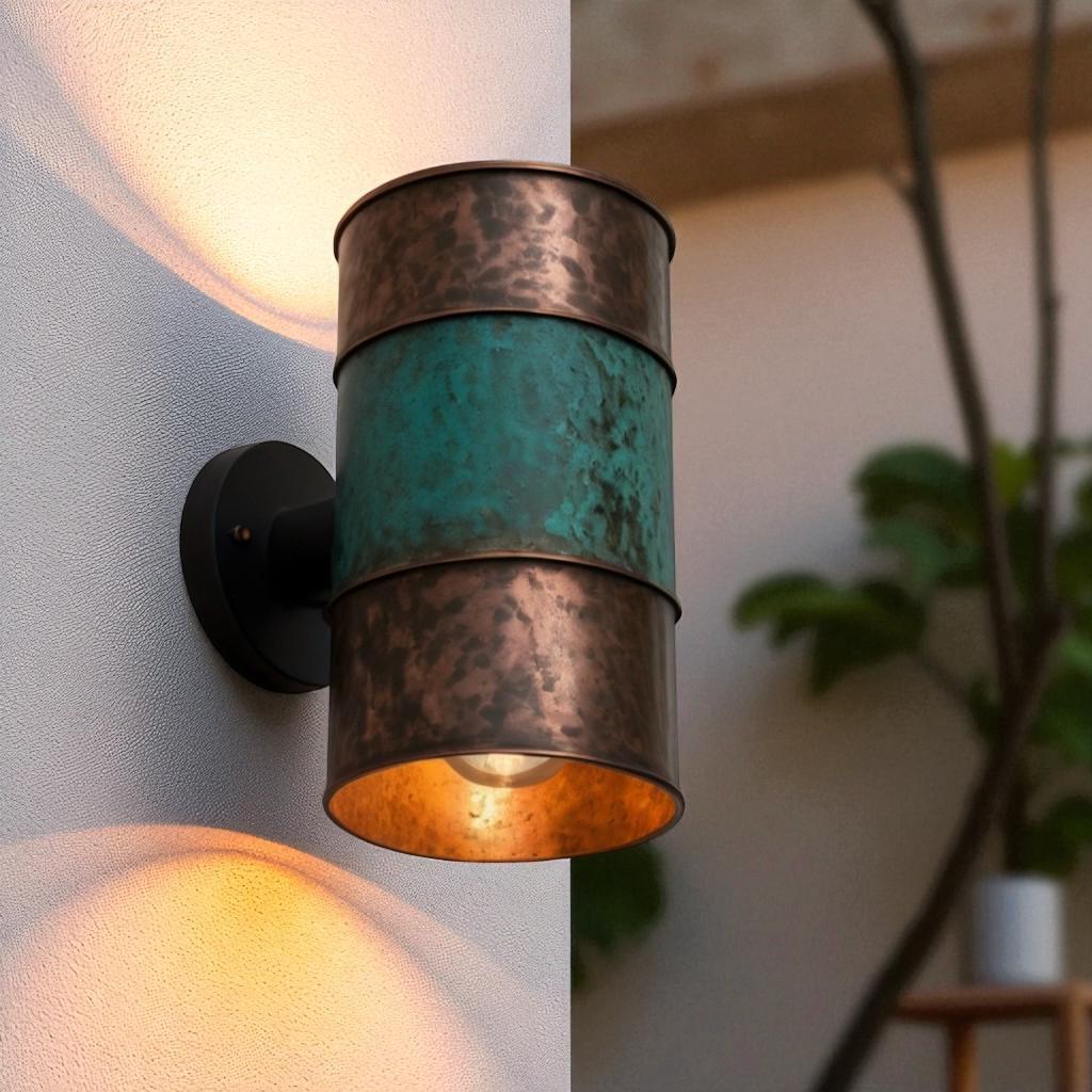Hammered Copper Cylinder Wall Sconce - Green Patina Band