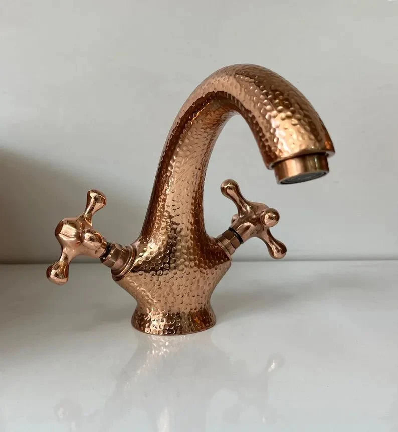 Hammered Copper Deck-Mount Bathroom Faucet – Dual Handle