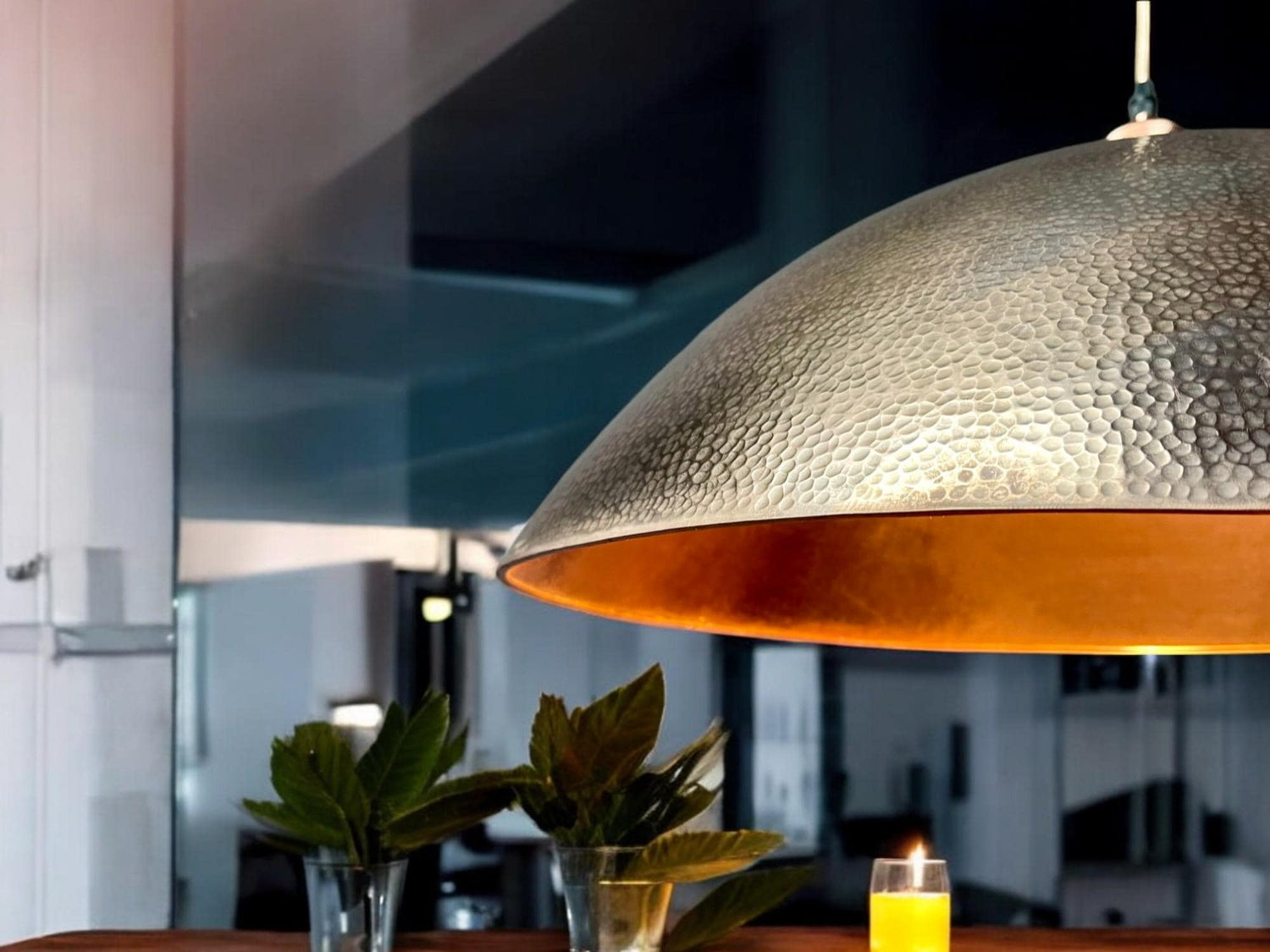 Hammered Copper Dome Pendant Light - Antique Patina Kitchen Island Lamp