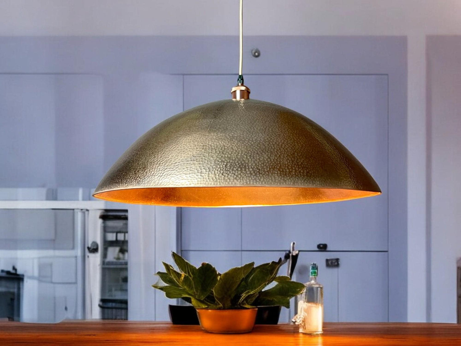 Hammered Copper Dome Pendant Light - Antique Patina Kitchen Island Lamp