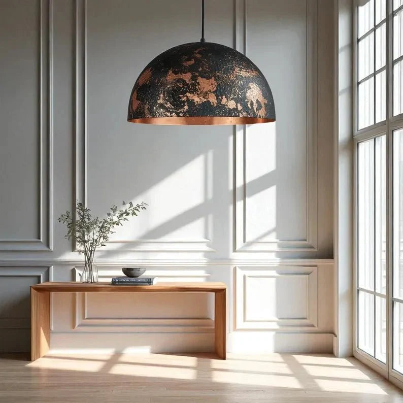Hammered Copper Dome Pendant Light - Black Industrial Ceiling Lamp
