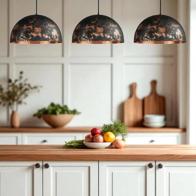 Hammered Copper Dome Pendant Light - Black Industrial Ceiling Lamp