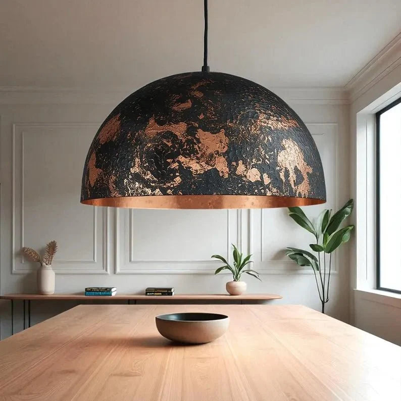 Hammered Copper Dome Pendant Light - Black Industrial Ceiling Lamp