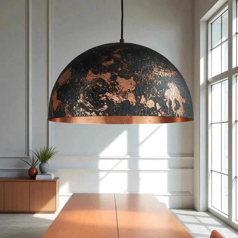 Hammered Copper Dome Pendant Light - Black Industrial Ceiling Lamp