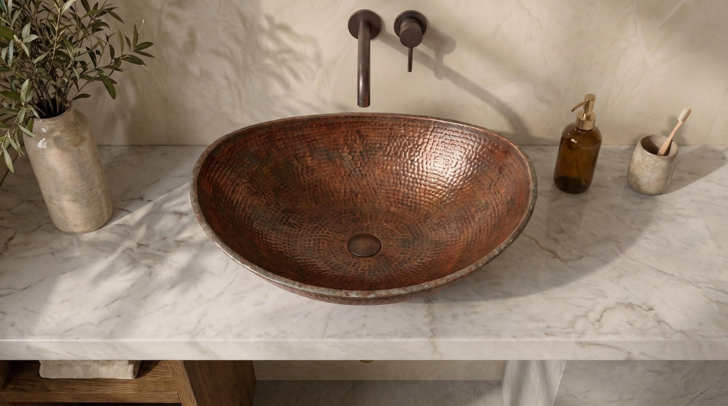 Hammered Copper Vessel Sink – Oval Bathroom Sink, Rustic Copper Vanity Basin, Handmade Luxury Countertop Sink, Farmhouse Wash Basin