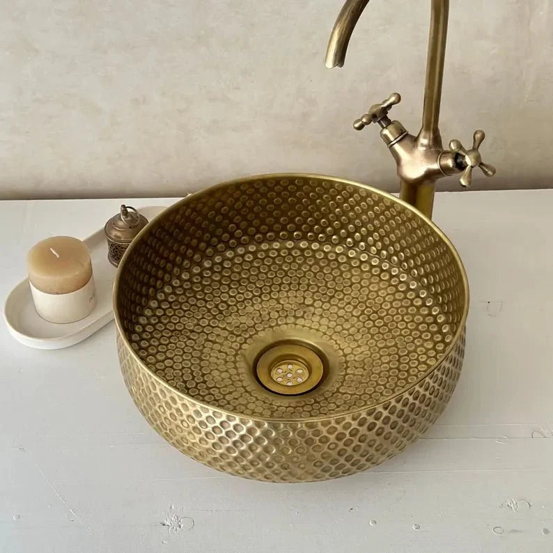 Hammered Copper Vessel Sink – Round Handcrafted Bathroom Basin