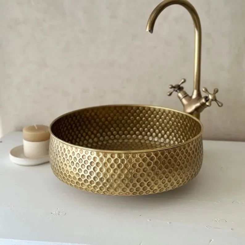 Hammered Copper Vessel Sink – Round Handcrafted Bathroom Basin