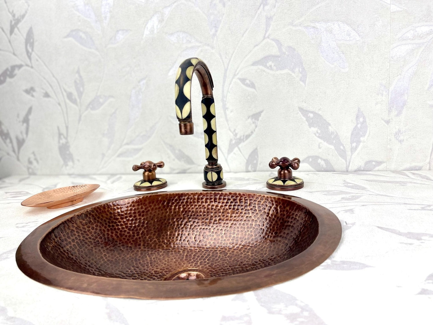 Hammered Copper Vessel Sink Set - Widespread Faucet with Black Resin Inlay & Antique Finish