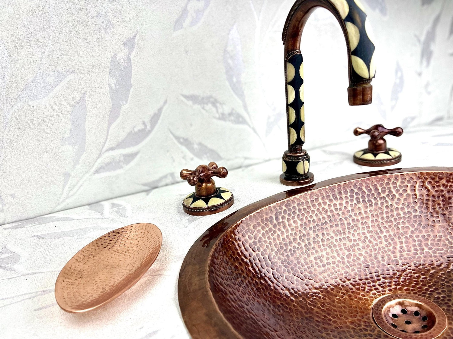 Hammered Copper Vessel Sink Set - Widespread Faucet with Black Resin Inlay & Antique Finish