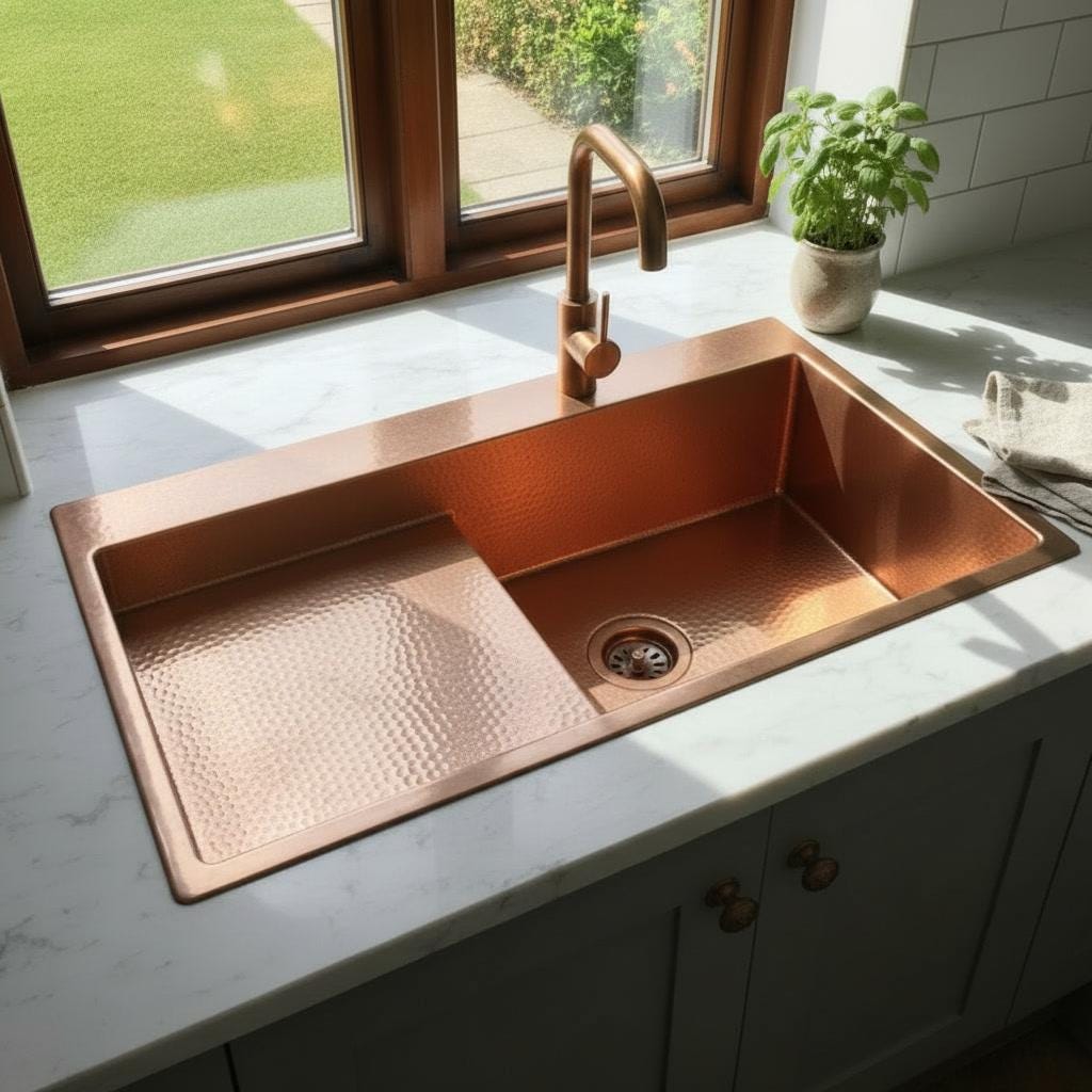 Hammered Copper Workstation Kitchen Sink with Drainboard