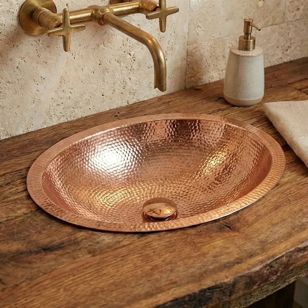 Hammered Oval Copper Vessel Sink – Handmade Drop-In Bathroom Basin