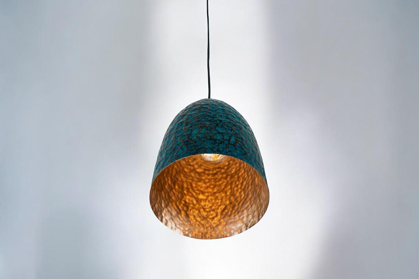 Hammered Oxidized Copper Pendant - Verdigris Bell Hanging Lamp