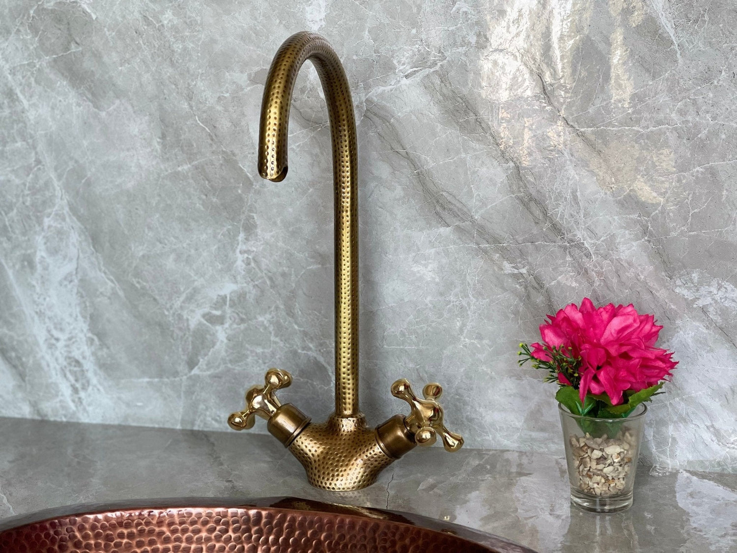 Hammered Unlacquered Brass Bathroom Faucet - Single Hole Gooseneck