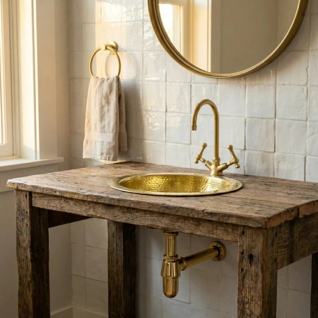 Hammered Unlacquered Brass Round Bar Sink – Solid Brass Prep Sink with Drain