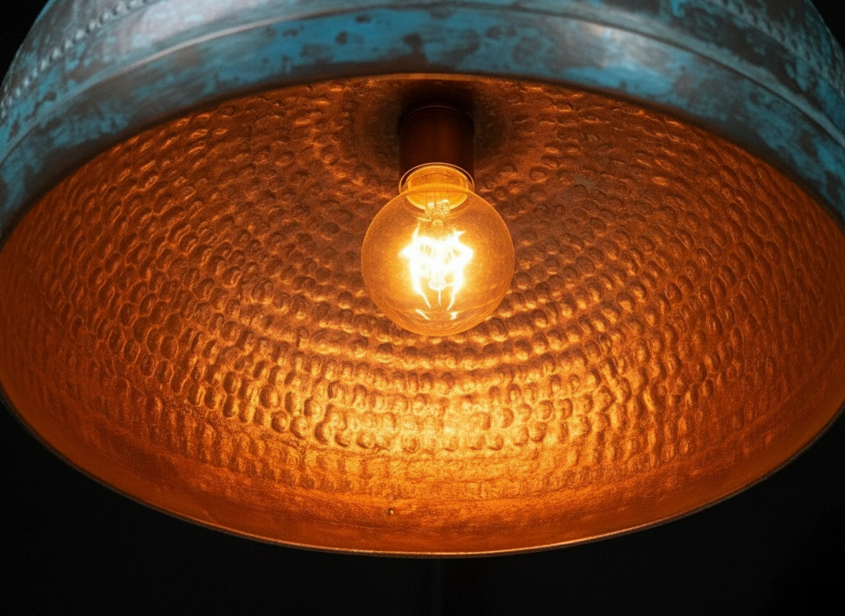 Blue Patina Copper Dome Pendant – Handmade Oxidized Ceiling Light