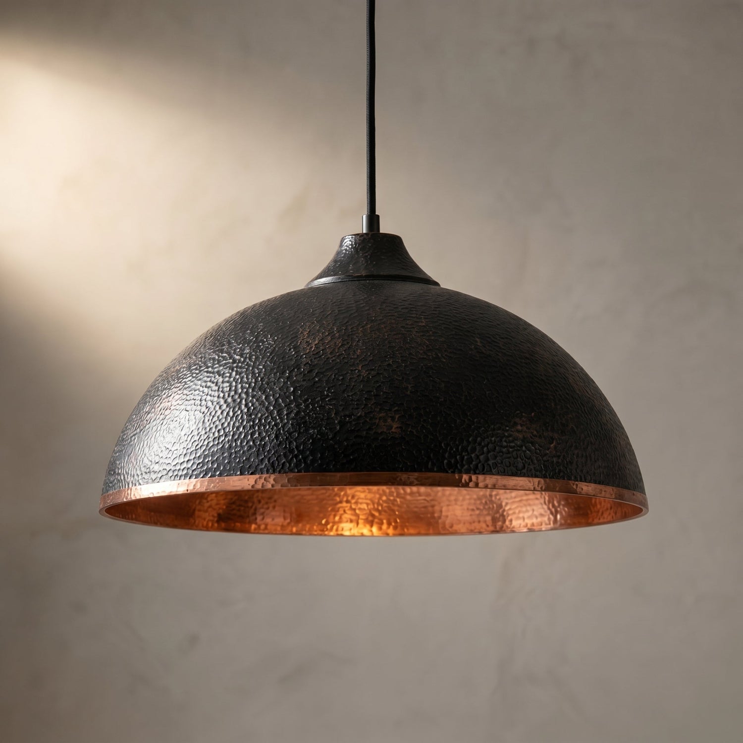 Hand-Hammered Black & Copper Dome Pendant Light - Industrial Ceiling Lamp