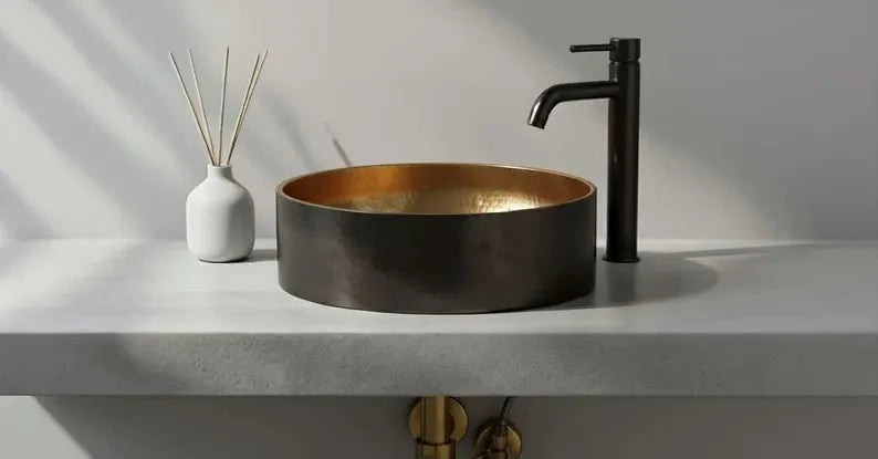 Hand-Hammered Black Patina Copper Vessel Sink - Golden Interior Contrast